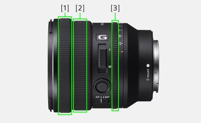 Imagen de producto que muestra el anillo de enfoque, el anillo de zoom y el anillo de apertura