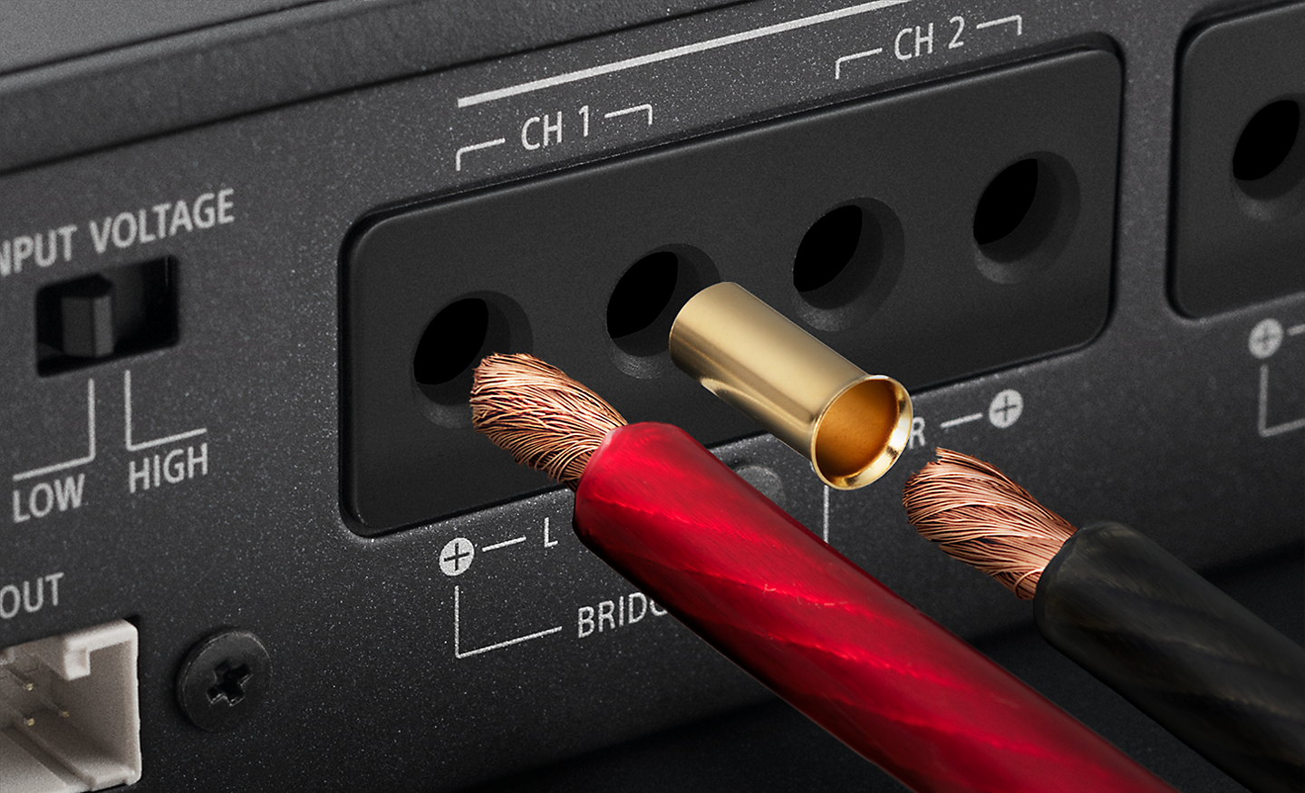Close up image of four CH ports with red and black cables entering two of the holes