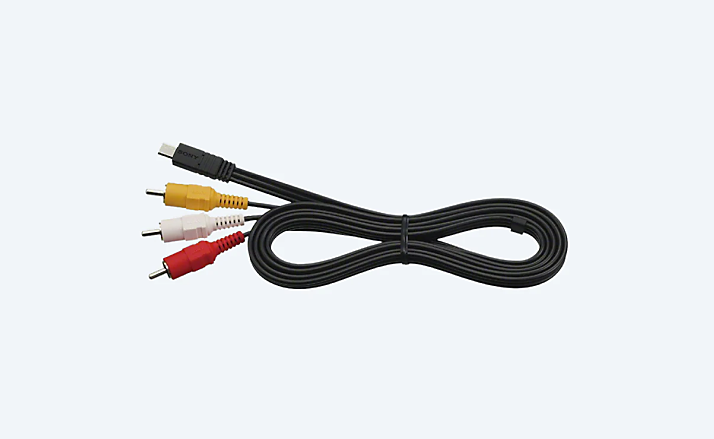 Een zwarte audiokabel met 4 aansluitingen gemarkeerd met rood, wit, geel en zwart