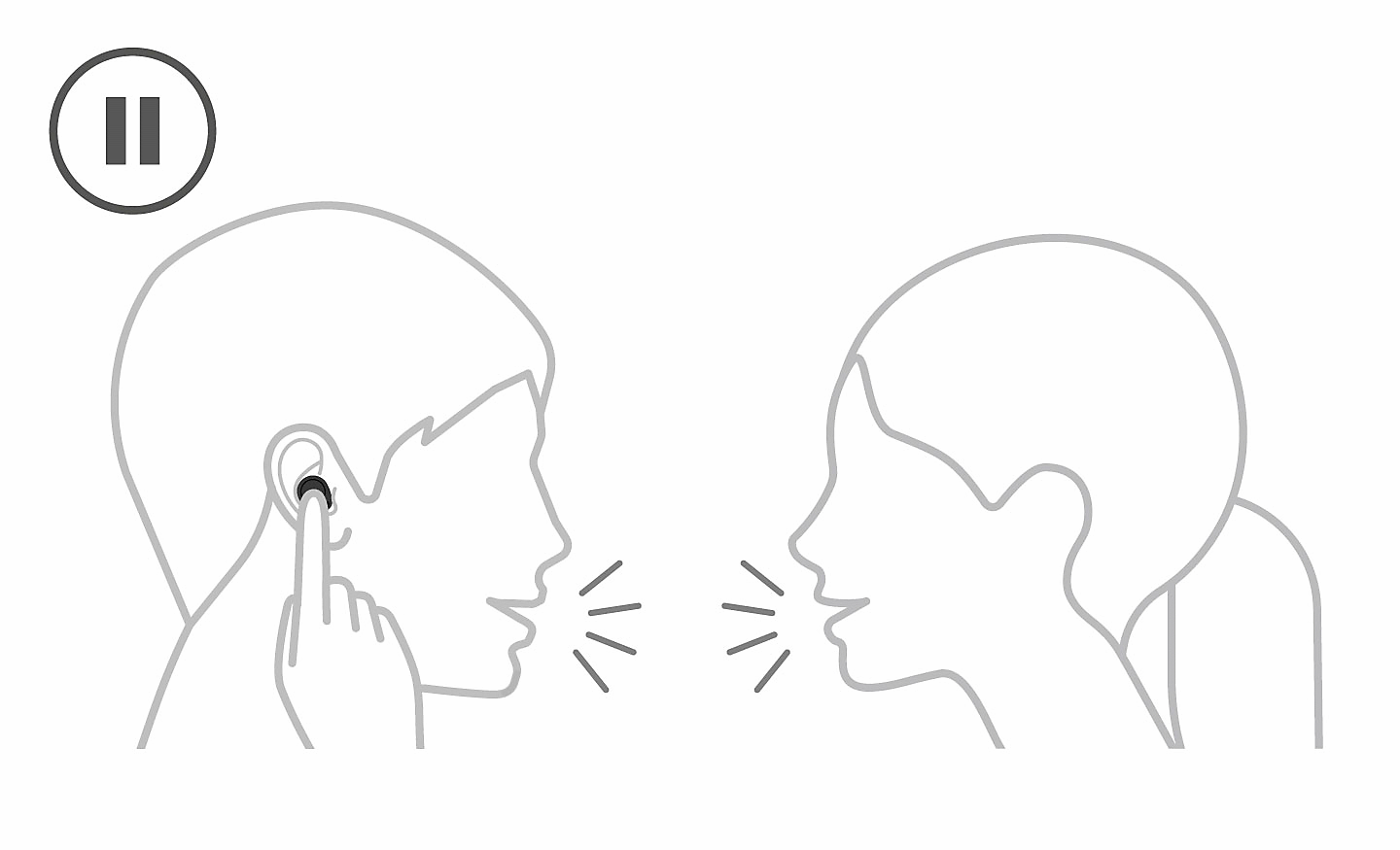 Line drawing of two people talking, one is touching their headphone with one finger and a pause icon sits top-left