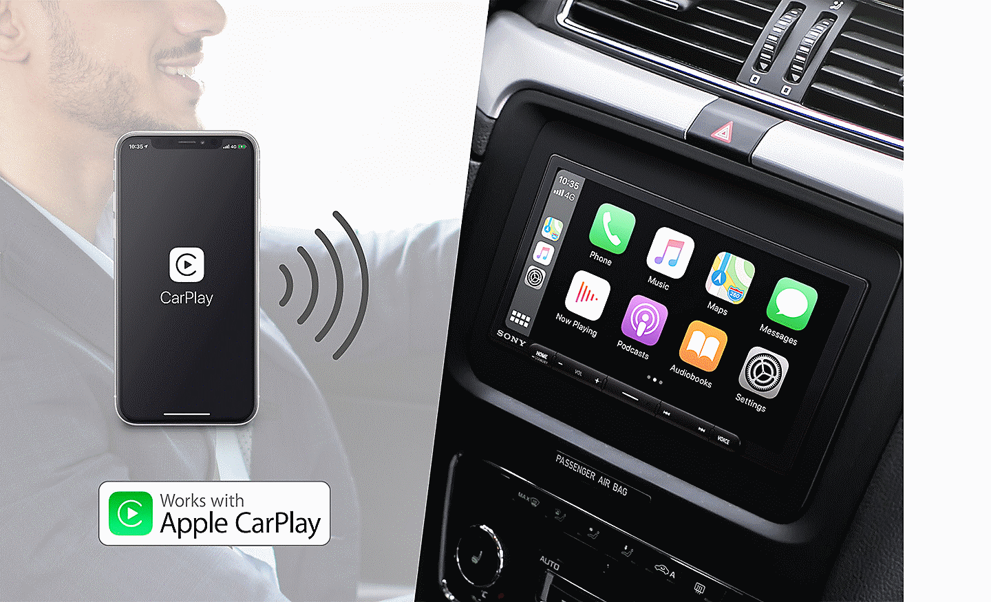 Kuva siitä, miten XAV-AX6050 voi muodostaa yhteyden Apple CarPlayn kanssa
