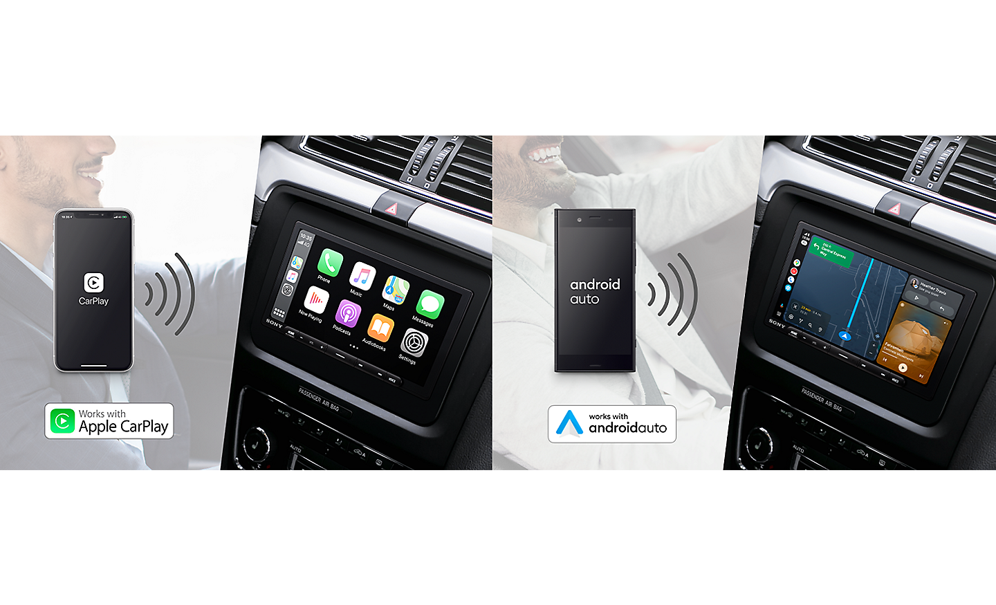 Split image showing how the XAV-AX6050 can connect with Apple CarPlay and AndroidAuto