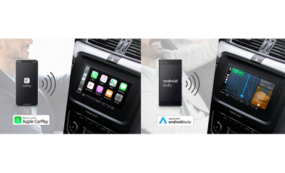 Geteiltes Bild, das zeigt, wie der XAV-AX6050 mit Apple CarPlay und AndroidAuto verbunden werden kann
