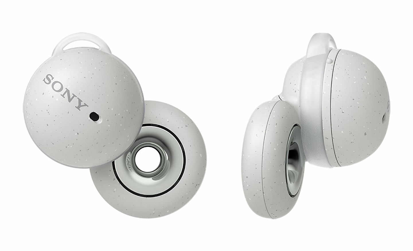 Image of the white Sony LinkBuds headphones. One earbud is shot from behind, the other from the side