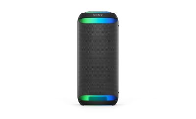 Front on image of the SRS-XV800 Wireless Party Speaker with green and blue ambient lighting