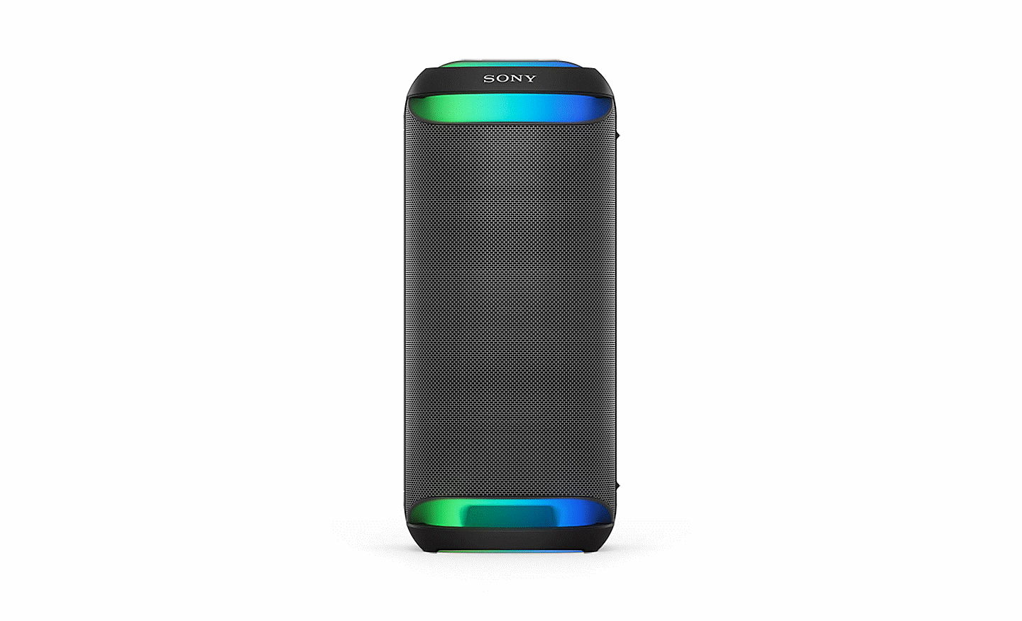 Front on image of the SRS-XV800 Wireless Party Speaker with green and blue ambient lighting