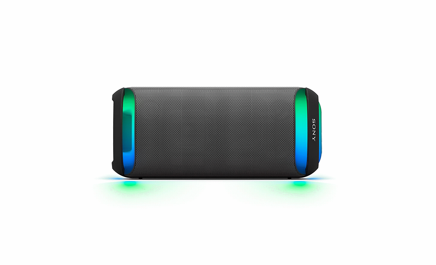 Gambar Speaker Pesta Nirkabel SRS-XV800 diletakkan secara horizontal dengan pencahayaan sekitar hijau dan biru