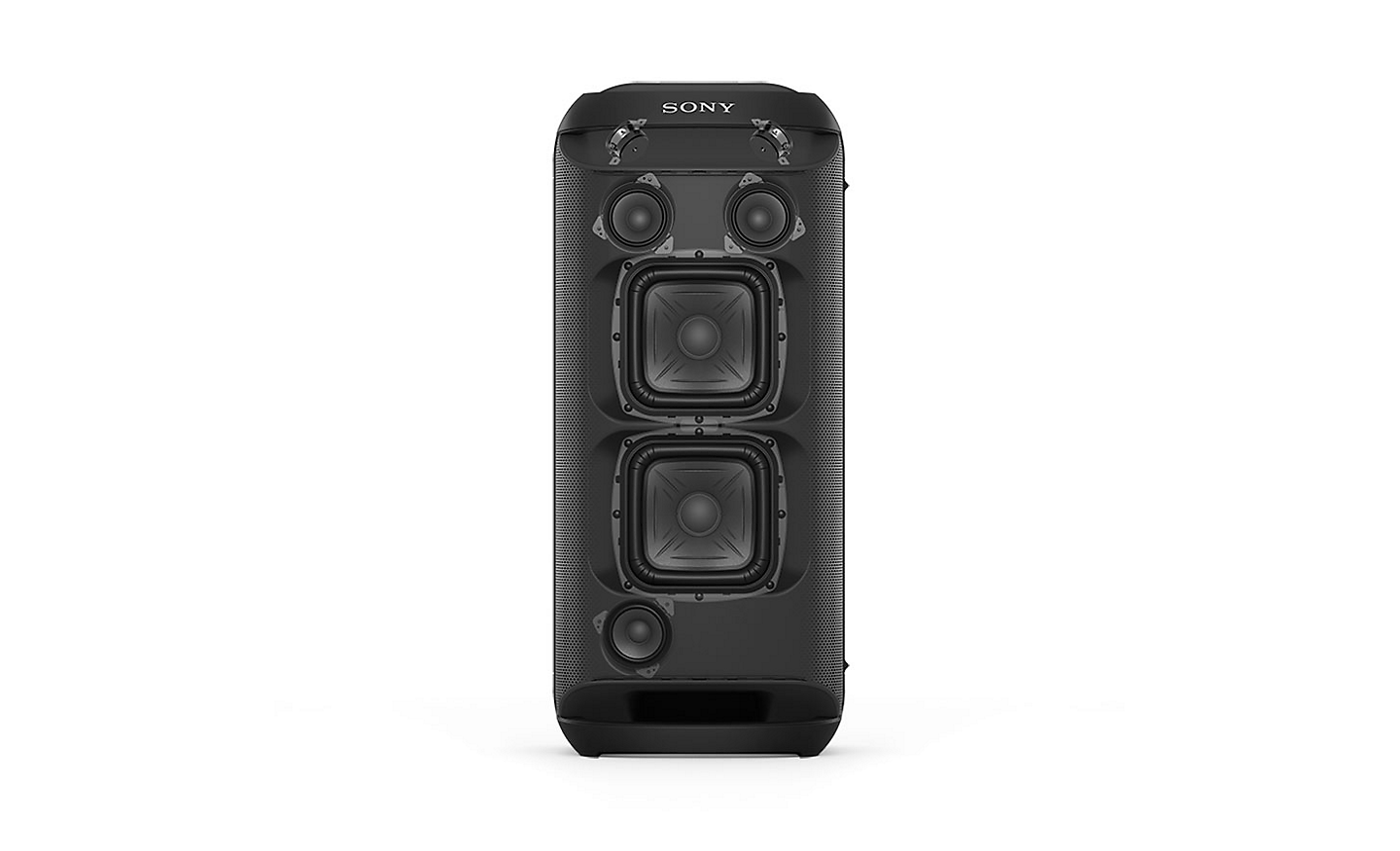 Front on image of the SRS-XV800 Wireless Party Speaker without grille, displaying the internal speaker configuration