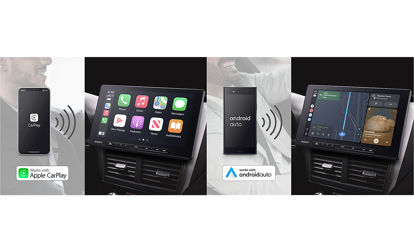 Images of the XAV-AX8500 connected via Wi-Fi to both Apple CarPlay and  Android Auto