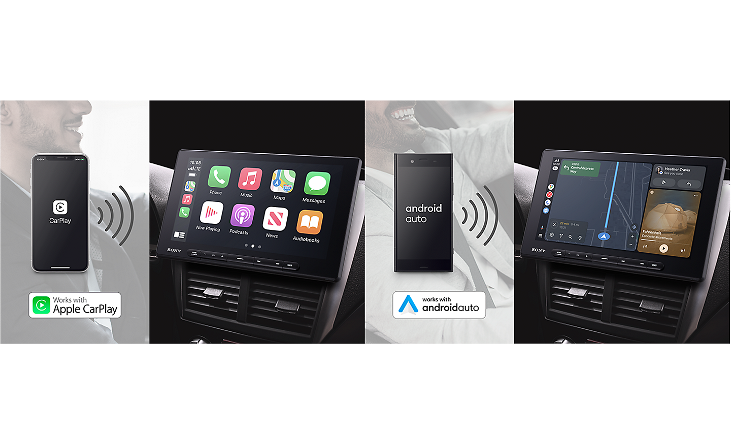 Imágenes del XAV-AX8500 conectado a través de Wi-Fi tanto a Apple CarPlay como a Android Auto