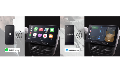 Images of the XAV-AX8500 connected via Wi-Fi to both Apple CarPlay and Android Auto