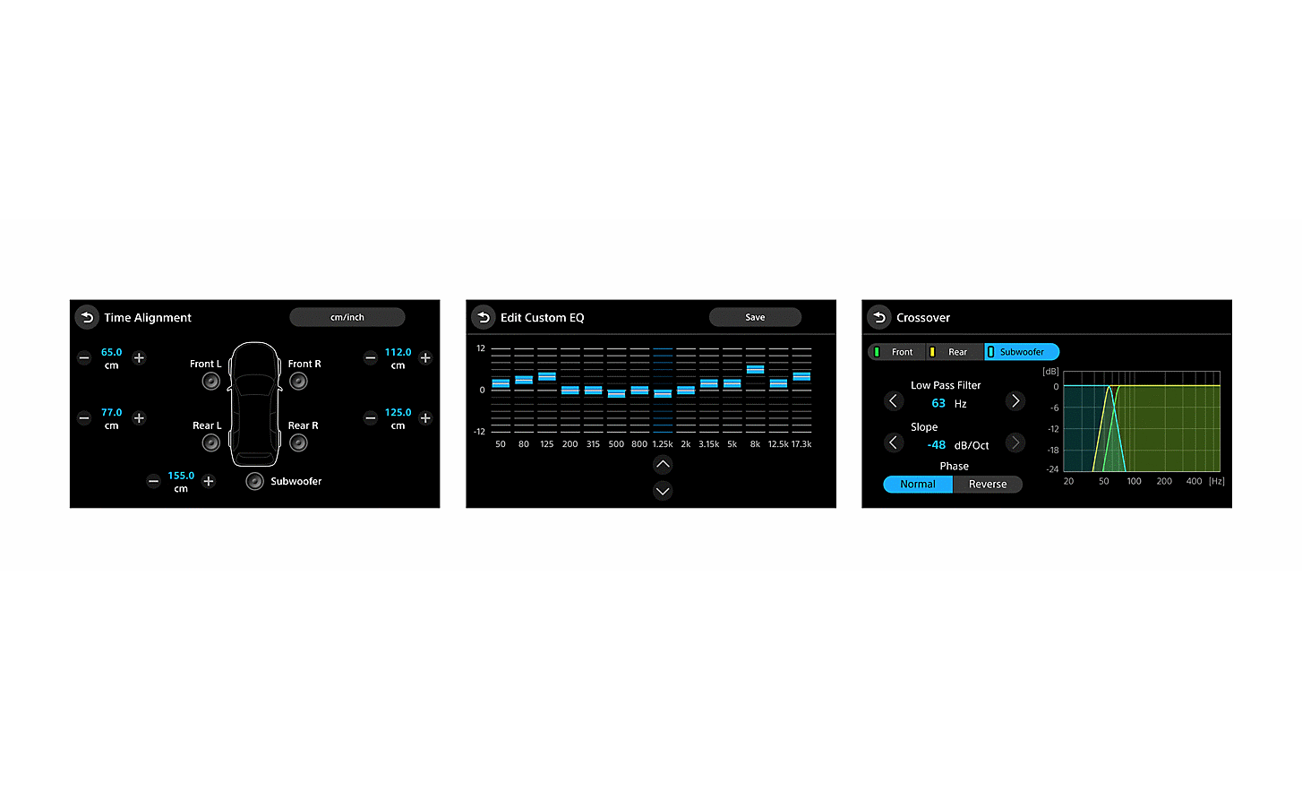 Three images of the sound customisation options screens built-in to the XAV-AX8500.