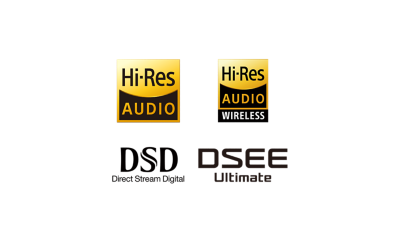 Logotyper för High-Res Audio, High-Res Audio WIRELESS, DSD och DSEE.