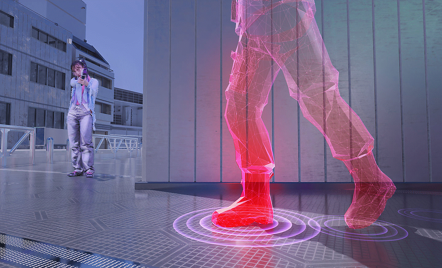 Osoba držící plastovou zbraň ve světě počítačové hry a mířící na 3D model s kroužky kolem nohou znázorňujícími zvuk