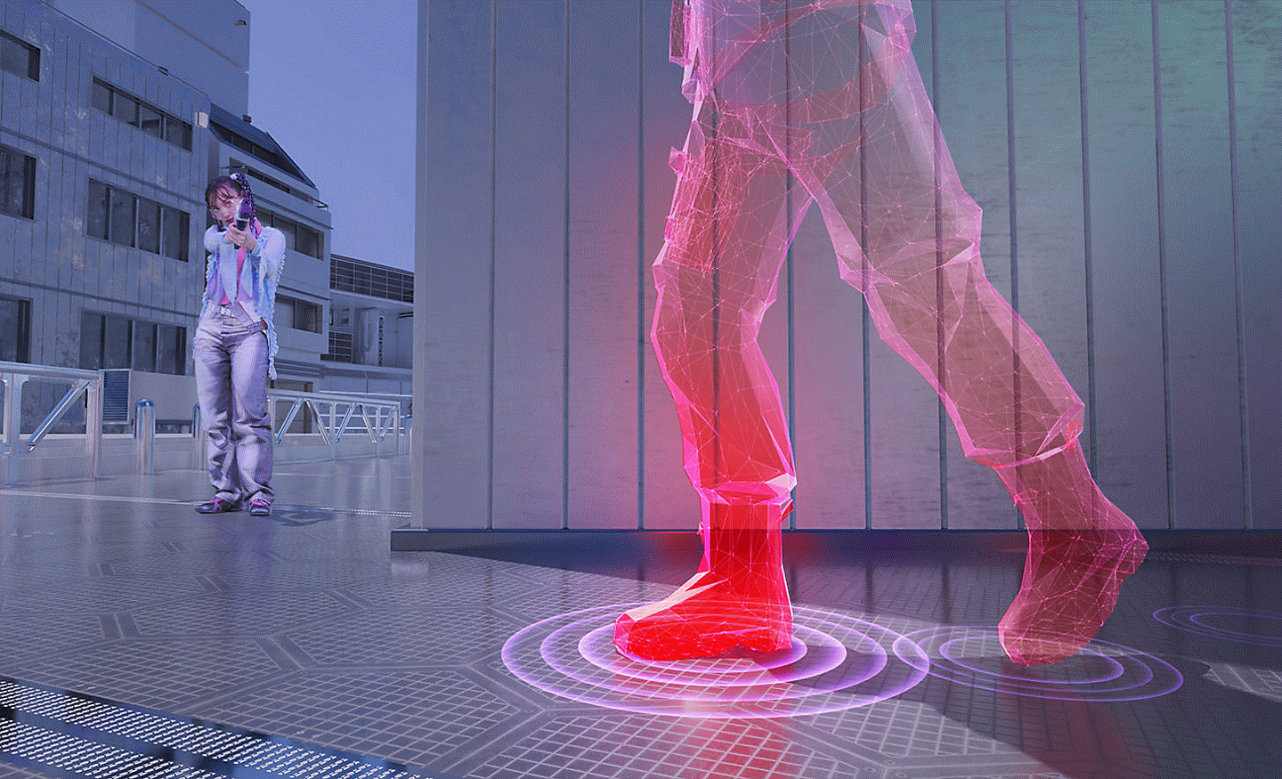 Een persoon die een plastic wapen vasthoudt in een gamewereld en op een 3D-model richt, met ringen rondom de voeten om geluid uit te beelden