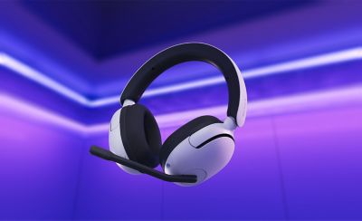 Image of the INZONE H5 headphones with the microphone in its user position with blue and purple lighting in the background