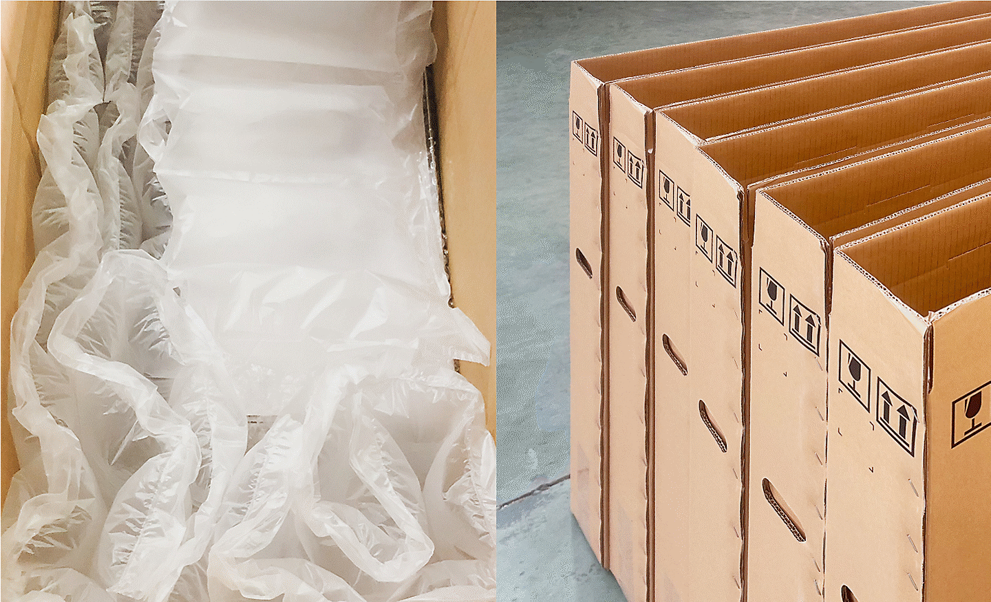 Imágenes de materiales secundarios reutilizados de bolsas de aire de amortiguación (a la izquierda) y empaques de caja de cartón (a la derecha) empleados en la fabricación
