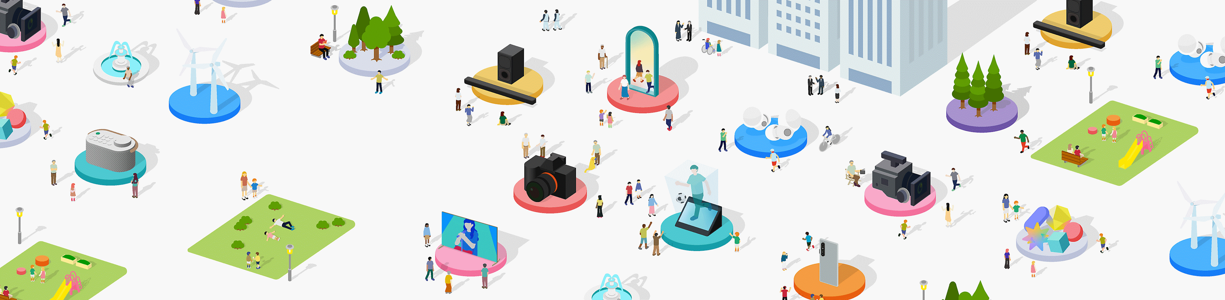 Illustrations of sustainability-related objects such as Sony's products lineup, greenery, parks and wind power generators, lined up and people of various races and ages gathering around the objects.