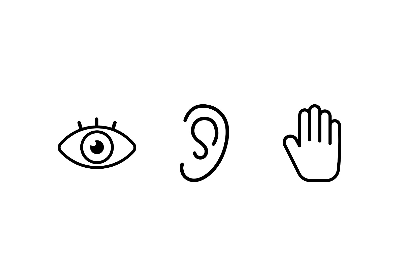 Kolme vierekkäistä kuvaketta vasemmalta oikealle: silmä, korva ja käsi