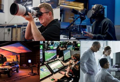 Top-left image has man with camera, top right has man in recording studio, bottom left has man filming a car, bottom-middle image has man at a sportscast and bottom right has man and woman conducting research.