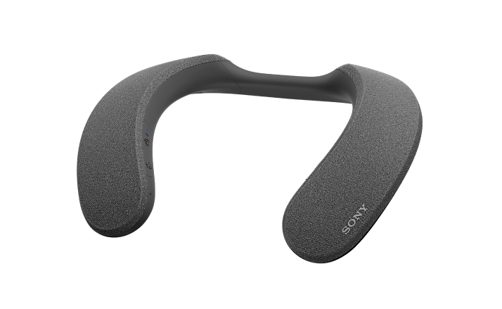 Wearable neck speaker on light-gray background