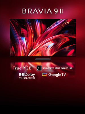 Televízor BRAVIA 9 II zobrazujúci žiarivý červený abstraktný vzor s True RGB, Immersive Black Screen Pro, Dolby Vision-Atmos a Google TV