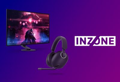 Image produit du nouveau moniteur de jeu M10S avec l’image d’un jeu vidéo à l’écran et le casque INZONE H9, sur un fond violet avec le logo INZONE.