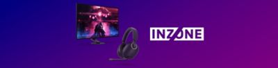 Image produit du nouveau moniteur de jeu M10S avec l’image d’un jeu vidéo à l’écran et le casque INZONE H9, sur un fond violet avec le logo INZONE.