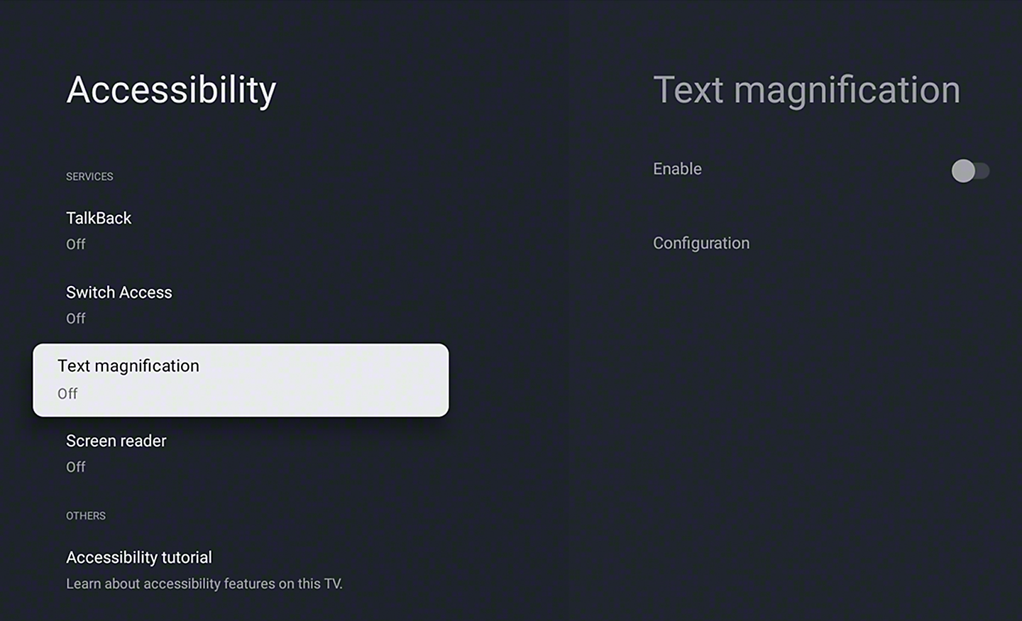  Image of a TV menu with Talkback and text magnification options shown