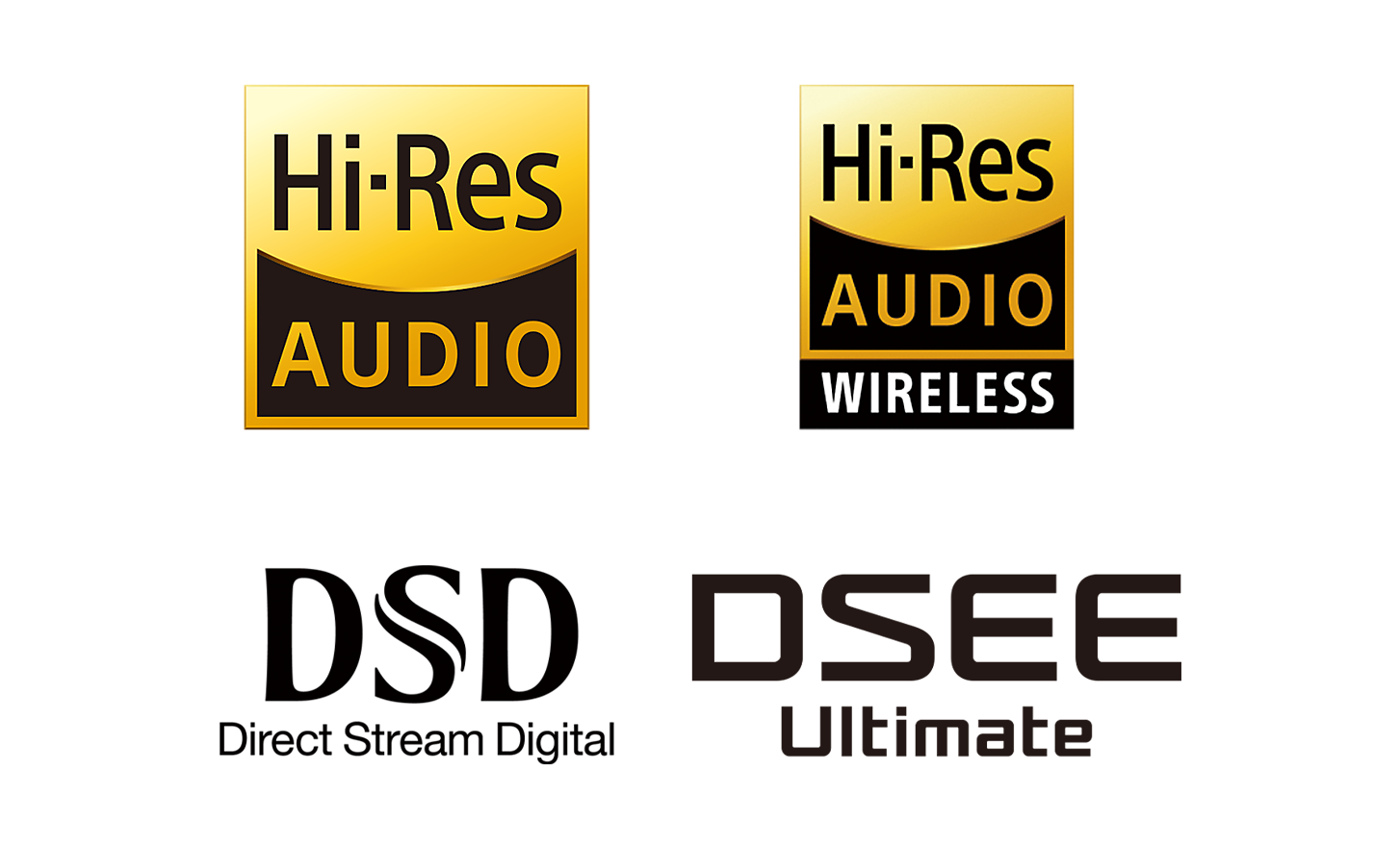 Logos Hi-Res Audio, Hi-Res Audio sans fil, DSD et DSEE.