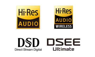 High-Res Audio, High-Res Audio WIRELESS, DSD & DSEE logo's.