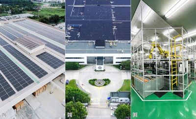 An image with three photos arranged side by side. The left and middle ones are aerial photos of a factory with solar panels on the roof. The right one shows a robotic arm.