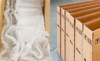 Images of cushioning airbags (left) and cardboard carton packaging (right) reused secondary materials used in manufacturing