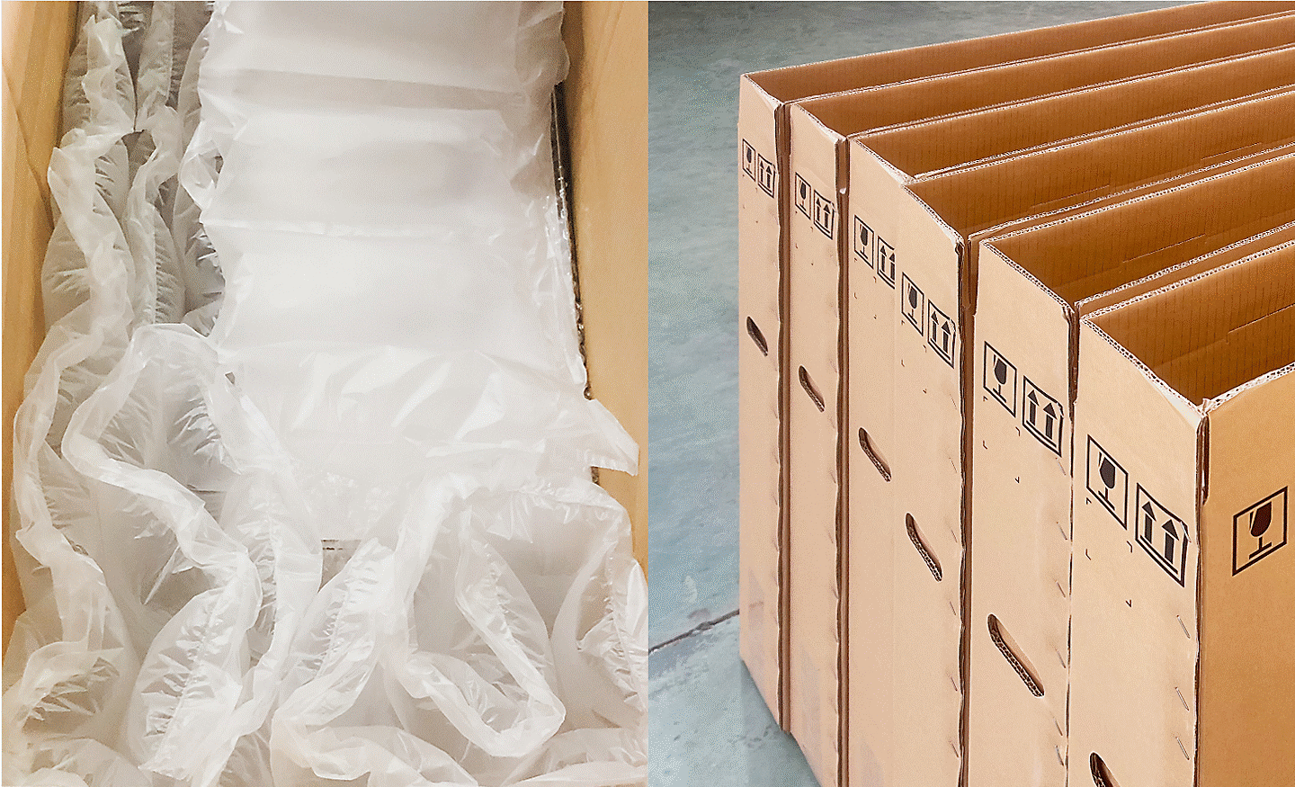 Images de coussins d'air (à gauche) et d'emballages en carton (à droite) réalisés à partir de matériaux secondaires de fabrication