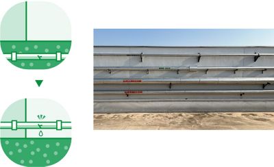 Diagram on the left(L) and photograph (R) illustrating moving of water pipes to above-ground locations to simplify leak maintenance and water pipe photo on the right.