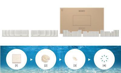 Illustrations showing biodegradable packaging (top) and a representation of how the packaging biodegrades in water (bottom), disappearing entirely after 7–8 months