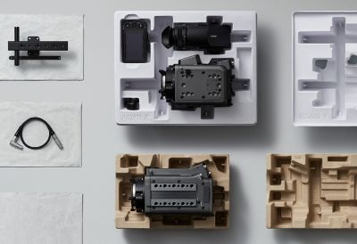 Array of images showing various camera components sitting on moulded paper-based packaging materials