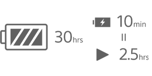 Image de la batterie avec l'inscription « 30 heures » à côté d'une icône de charge avec l'inscription « 10 minutes » et un symbole de lecture avec « 2,5 heures » inscrit en dessous