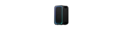 A three-quarter studio product shot shows the black Sony ULT TOWER 7 party speaker standing vertically against a plain, light background. The front mesh grille is framed by a glowing LED light strip transitioning from cyan at the top to a deep blue and purple hue along the bottom. A circular "ULT" button illuminates the top-left corner, and integrated carrying handles are built into the top and bottom edges of the side panel.