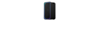 A three-quarter studio product shot shows the black Sony ULT TOWER MAX party speaker standing vertically against a plain, light background. The front mesh grille is framed by a glowing LED light strip transitioning from cyan at the top to a deep blue and purple hue along the bottom. A circular "ULT" button illuminates the top-left corner, and integrated carrying handles are built into the top and bottom edges of the side panel.
