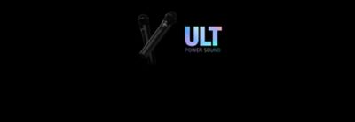 ผลิตภัณฑ์ ULTMIC 2 ตัวที่ไขว้กันบนฉากหลังสีดำที่อยู่ถัดจากโลโก้ ULT POWER SOUND สีสันสดใสขนาดใหญ่