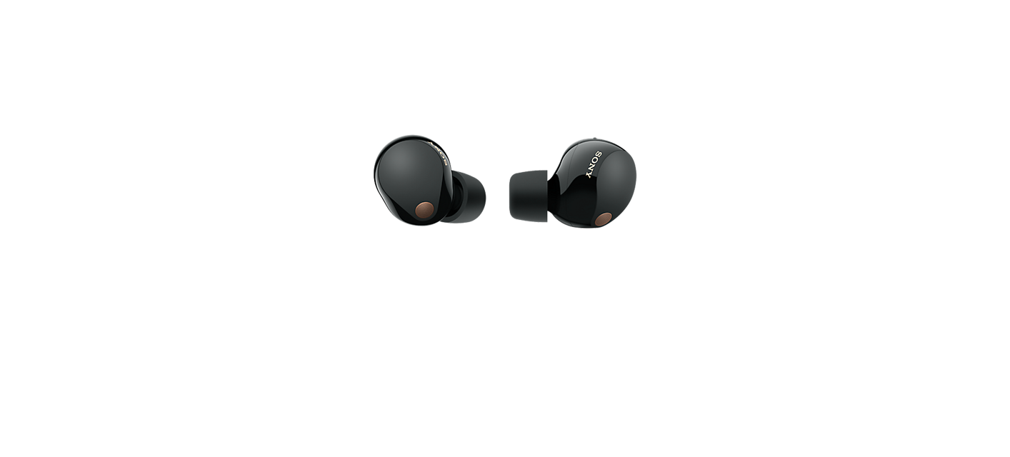 Image of a pair of black WF-1000XM5 headphones