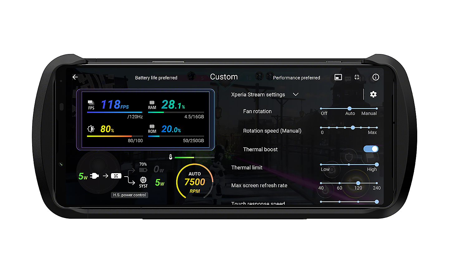Xperia Stream for Xperia 1 IV displaying Game enhancer settings interface for Xperia Stream